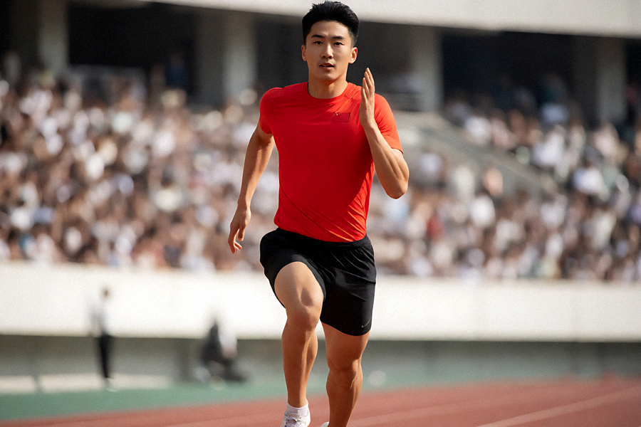 田径赛场上运动员全力冲刺终点线，观众席气氛热烈